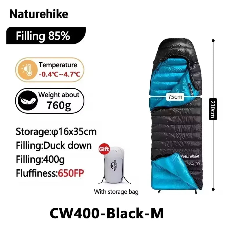 Naturehike CW400/CW700 Ultralight 650FP Duck Down Sleeping Bag 4 Seasons Compact Portable Sleeping Bag for Outdoor Hiking Travel Winter Warm Down Sleeping Bag