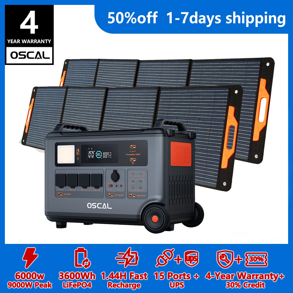 Oscal Powermax 6000 3600Wh LiFePo4 Solar Generator With Rapid Charging