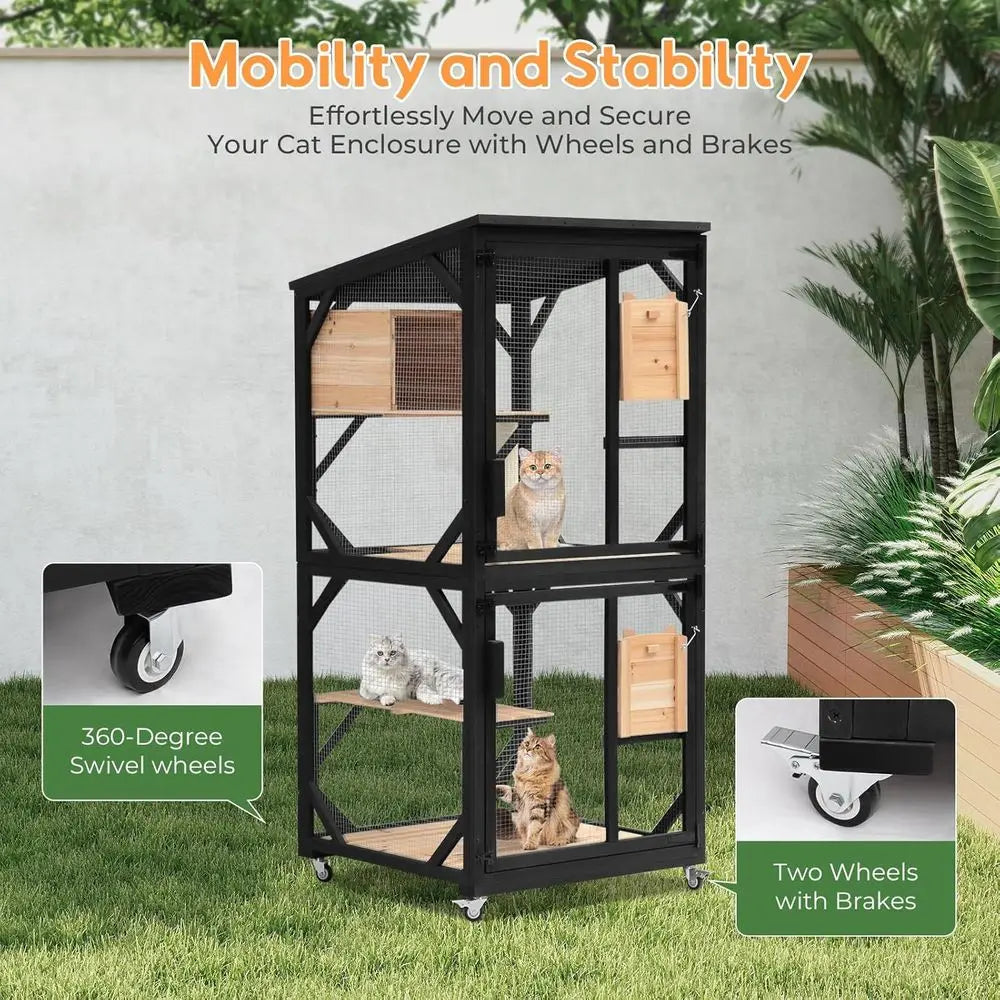 Cat Catio 4 Tiers, 70.9" Outdoor Cat Enclosure with Removable Platorms, Window Acc, Weatherproo Asphalt Roo, Indoor Catio with W