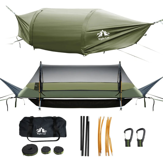 Night Cat Lay Flat Hammock: Flat Bottom with Mosquito Net Waterproof Rainfly for 1 Person Camping Hiking in Garden Backyard Wild