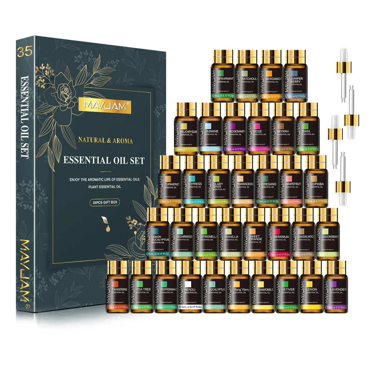 MAYJAM 35 Bottles Essential Oils Kit Gift Box ,Lavender Jasmine Vanilla Lemon Eucalyptus Sandalwood Frankincense SweetOrange Ylang Rose Bergamot Tea Tree Lemongrass Patchouli Rosemary Geranium Citronella Aromatherapy Oil for