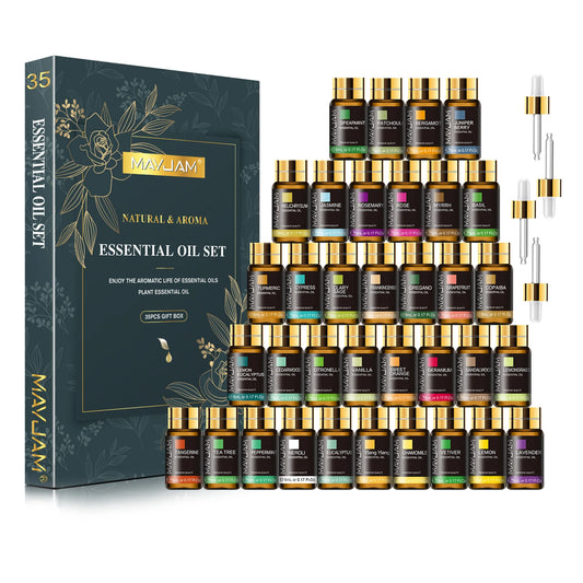 MAYJAM 35 Bottles Essential Oils Kit Gift Box ,Lavender Jasmine Vanilla Lemon Eucalyptus Sandalwood Frankincense SweetOrange Ylang Rose Bergamot Tea Tree Lemongrass Patchouli Rosemary Geranium Citronella Aromatherapy Oil for