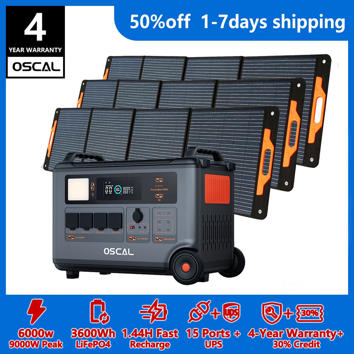 Oscal Powermax 6000 3600Wh LiFePo4 Solar Generator With Rapid Charging