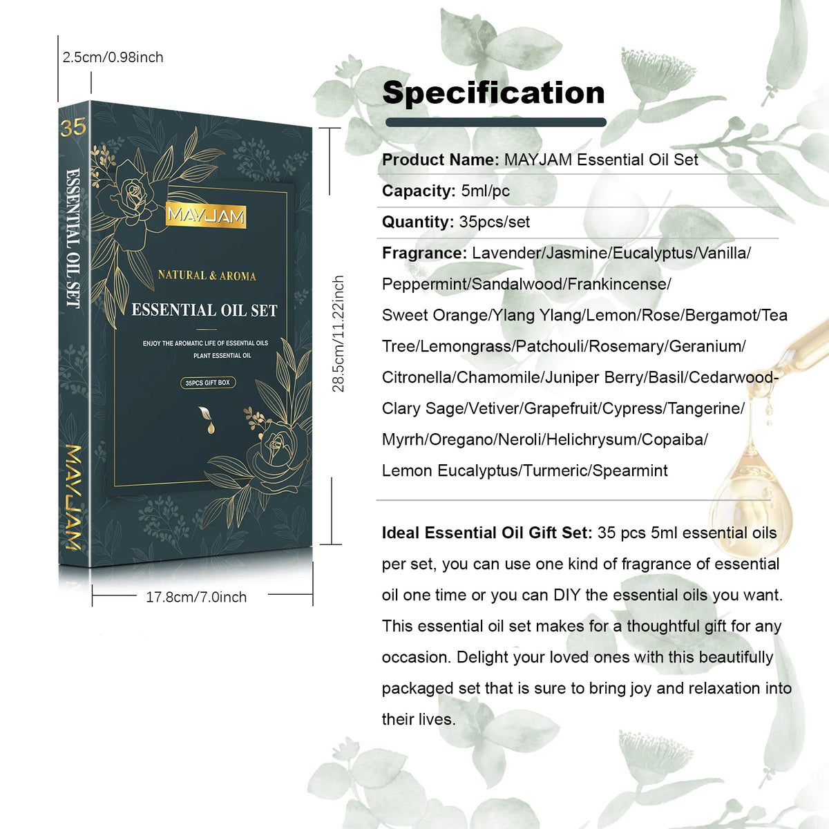 MAYJAM 35 Bottles Essential Oils Kit Gift Box ,Lavender Jasmine Vanilla Lemon Eucalyptus Sandalwood Frankincense SweetOrange Ylang Rose Bergamot Tea Tree Lemongrass Patchouli Rosemary Geranium Citronella Aromatherapy Oil for