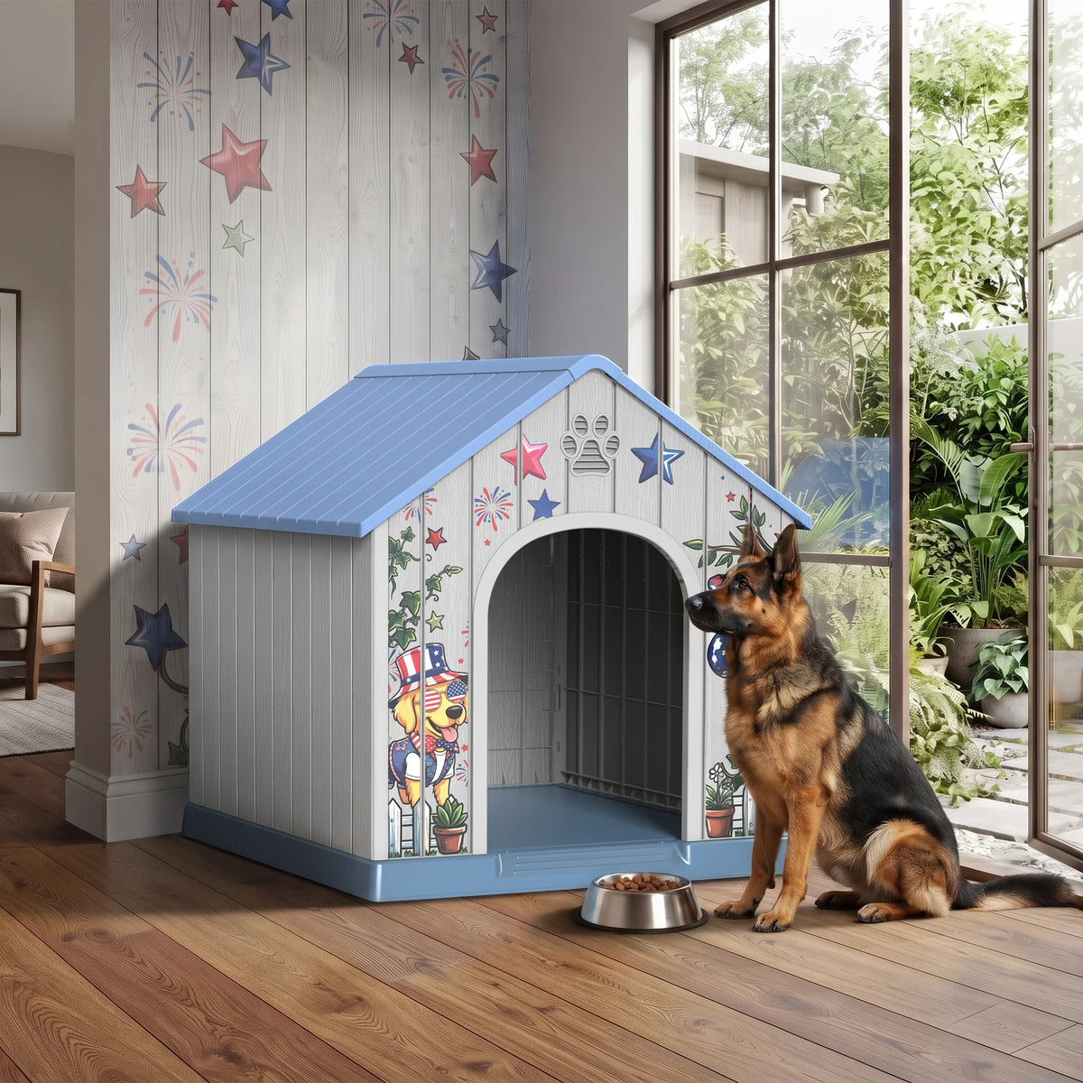 Outdoor Plastic Dog House, Weatherproof Pet Shelter with Printed Pattern Door, Outdoor Dog Cabin for Small Medium Dogs