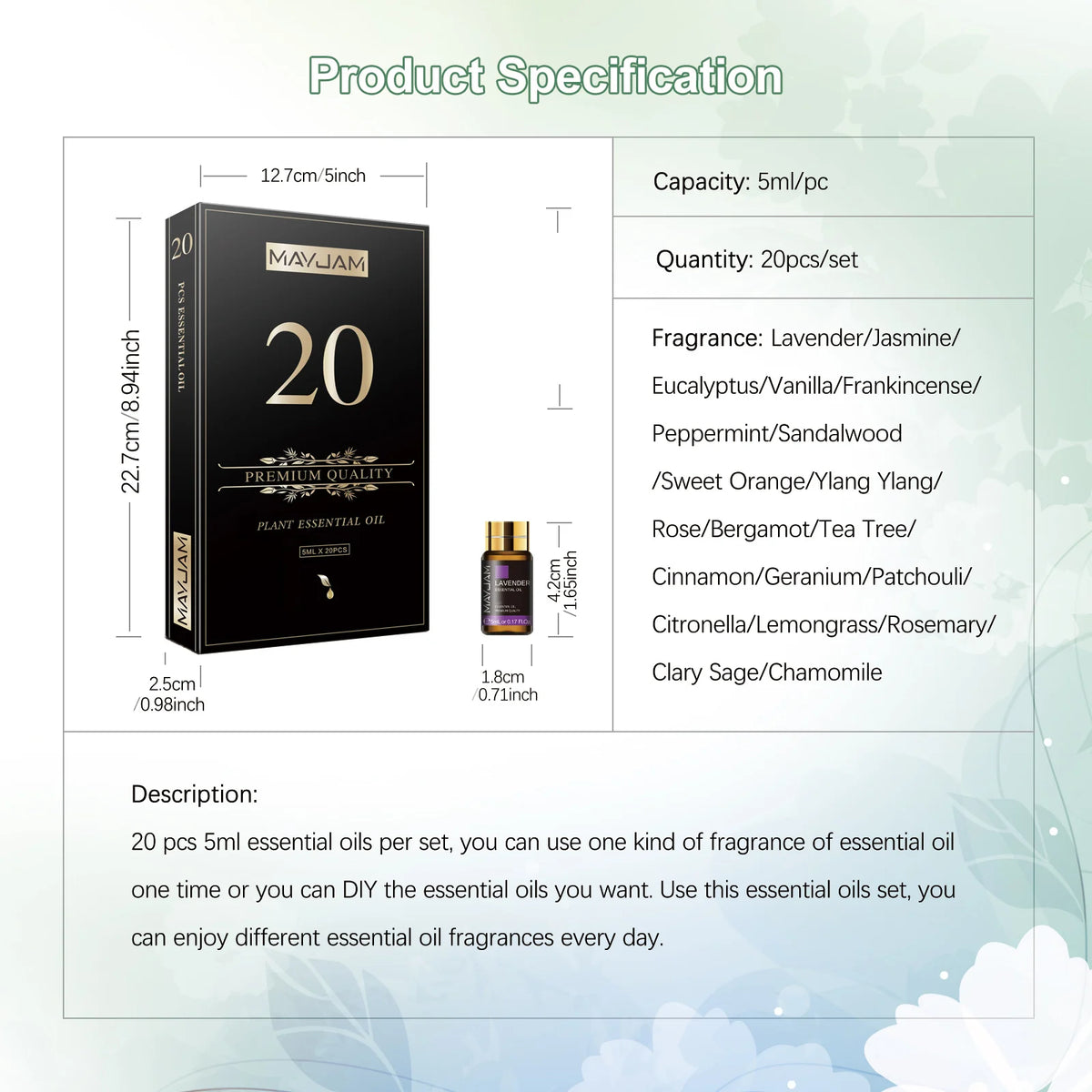 MAYJAM 20 Bottles Aromatherapy Essential Oils Set for Skin Hair Care ,Lavender Jasmine Eucalyptus Vanilla Mint Sandalwood Sweet Orange Ylang Ylang Rose Bergamot Tea Tree Cinnamon Citronella Rosemary for Diffuser Humidifier Bu