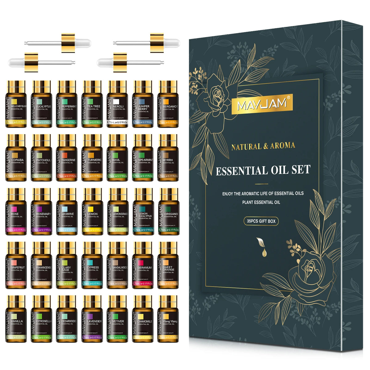 MAYJAM 35 Bottles Essential Oils Kit Gift Box ,Lavender Jasmine Vanilla Lemon Eucalyptus Sandalwood Frankincense SweetOrange Ylang Rose Bergamot Tea Tree Lemongrass Patchouli Rosemary Geranium Citronella Aromatherapy Oil for