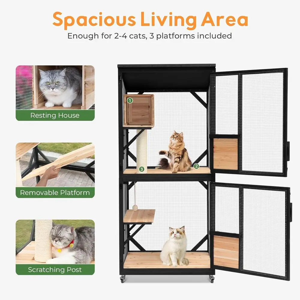 Cat Catio 4 Tiers, 70.9" Outdoor Cat Enclosure with Removable Platorms, Window Acc, Weatherproo Asphalt Roo, Indoor Catio with W