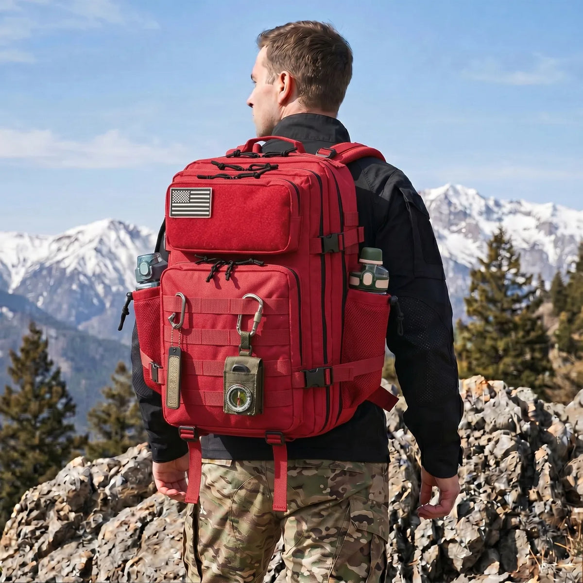 45L Large Capacity Tactical Fishing Backpack Angling Rucksack with Dual Water Bottle Cup Holders Outdoor Camping Fishing Tackle Storage Backpack for Sea Fishing Bank Fishing Hiking Trekking Travel Sports EDC Daily Carry Outdo