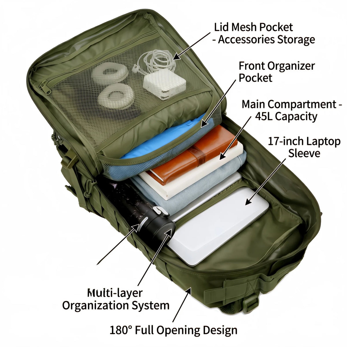 45L Tactical Fishing Tackle Backpack Molle Large Capacity Multi Pocket Storage Bag Durable Wear Resistant Outdoor Fishing Gear Bag Heavy Duty Rucksack For Men Angling Sea Fishing Bank Fishing Camping Hiking Daily Carry Luggag
