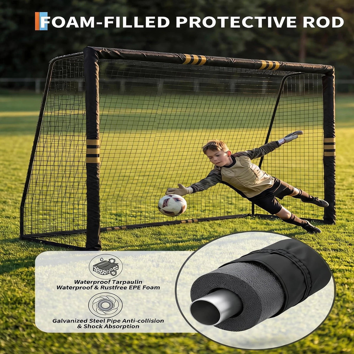 10x6.5FT Soccer Goal For Backyard Heavy Duty Galvanized Steel Soccer Net With Foam Padded Posts Ground Stakes Velcro Outdoor Training