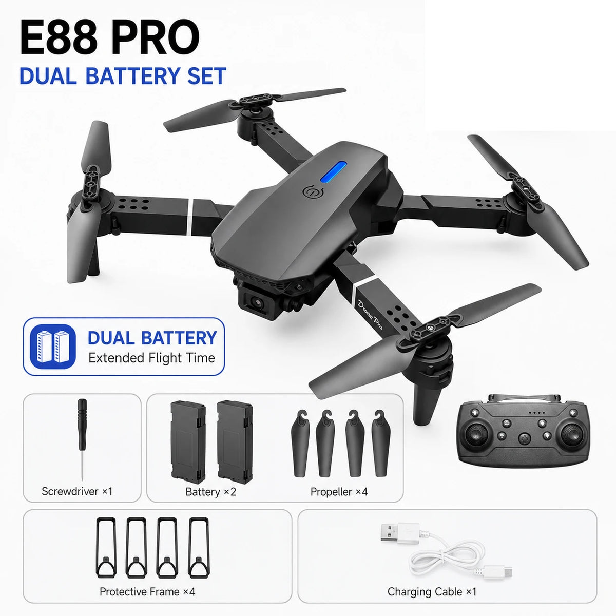 ZNLYRION E88 PRO Foldable RC Drone 8K Dual Camera WiFi FPV Quadcopter with Optical Flow Hovering 360° Flip One Key Takeoff Altitude Hold Remote Control Drone with Carrying Case for Beginners