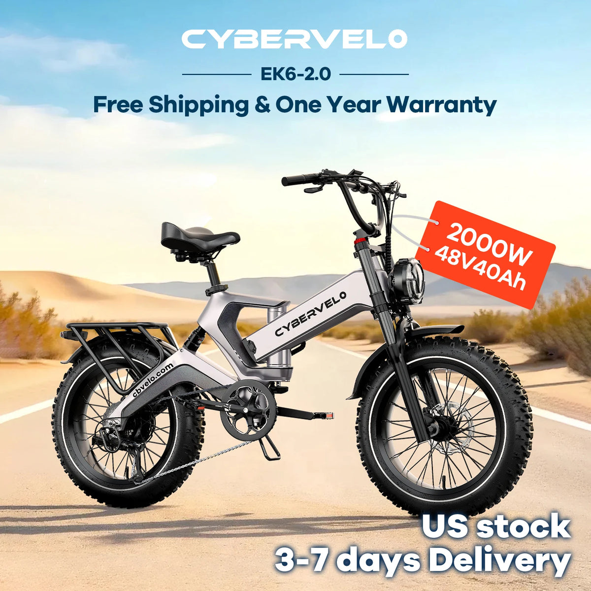 Cybervelo EK6 Max 20" Fat Tire E-Bike 48V 40AH Waterproof Battery 30+MPH 150 Miles Ultra Long Range Off Road Commuter High Speed Ebike