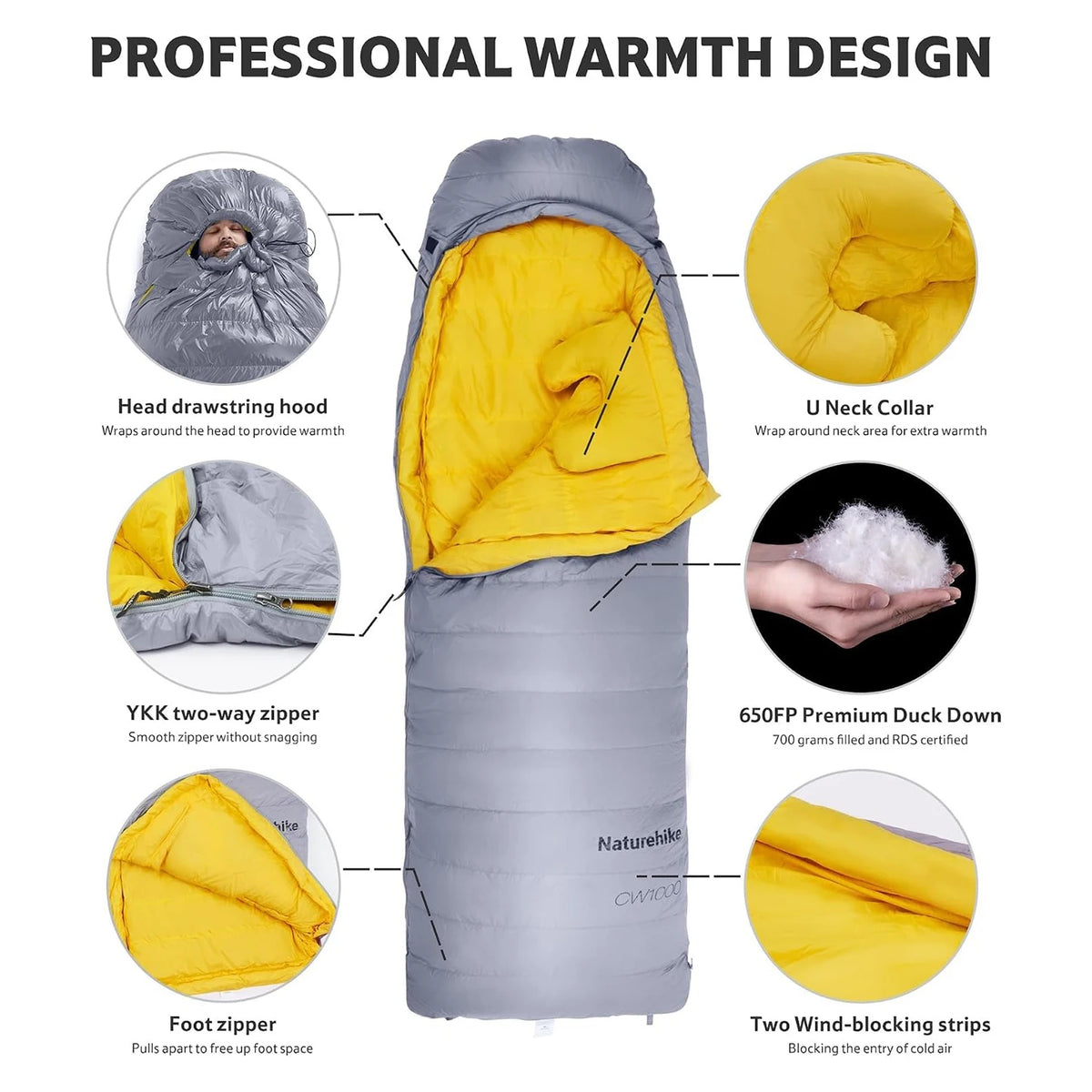 Naturehike CW400/CW700 Ultralight 650FP Duck Down Sleeping Bag 4 Seasons Compact Portable Sleeping Bag for Outdoor Hiking Travel Winter Warm Down Sleeping Bag