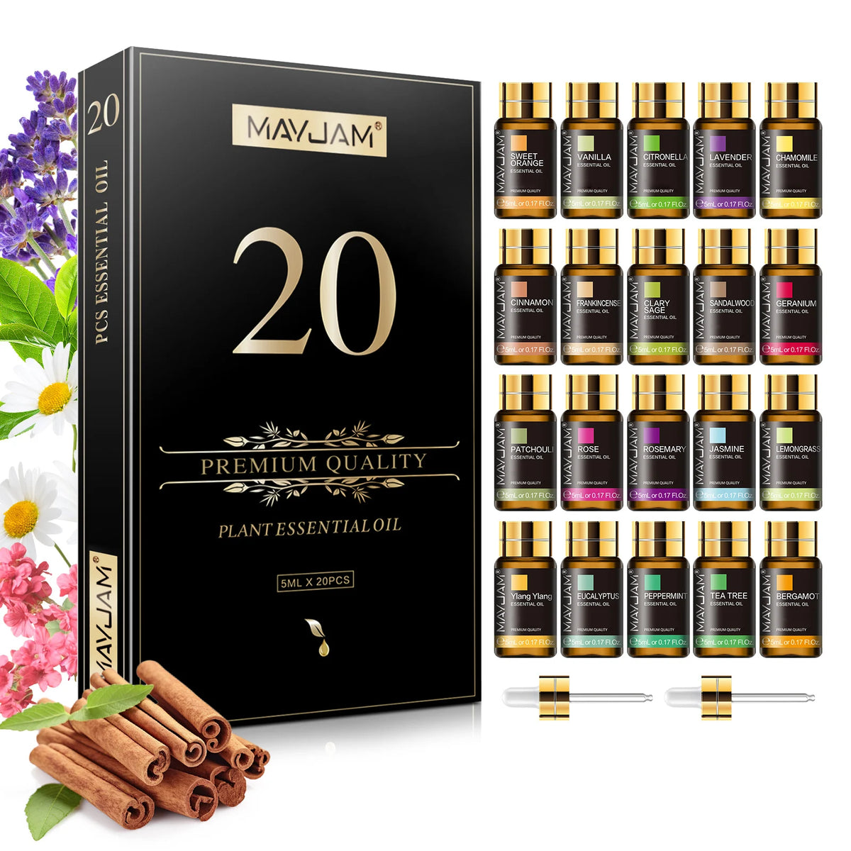 MAYJAM 20 Bottles Aromatherapy Essential Oils Set for Skin Hair Care ,Lavender Jasmine Eucalyptus Vanilla Mint Sandalwood Sweet Orange Ylang Ylang Rose Bergamot Tea Tree Cinnamon Citronella Rosemary for Diffuser Humidifier Bu