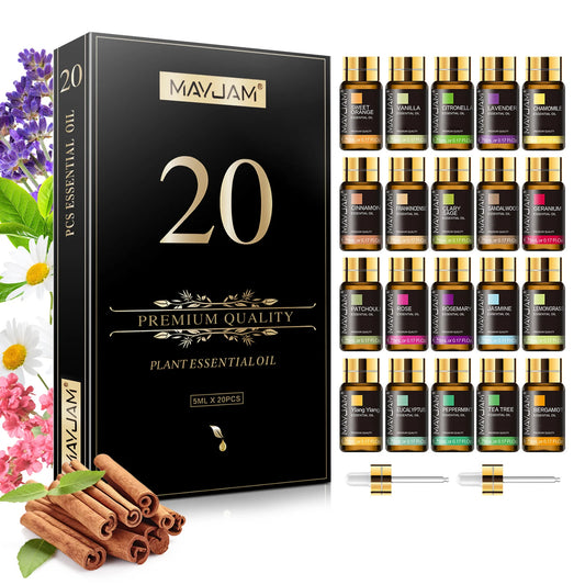 MAYJAM 20 Bottles Aromatherapy Essential Oils Set for Skin Hair Care ,Lavender Jasmine Eucalyptus Vanilla Mint Sandalwood Sweet Orange Ylang Ylang Rose Bergamot Tea Tree Cinnamon Citronella Rosemary for Diffuser Humidifier Bu