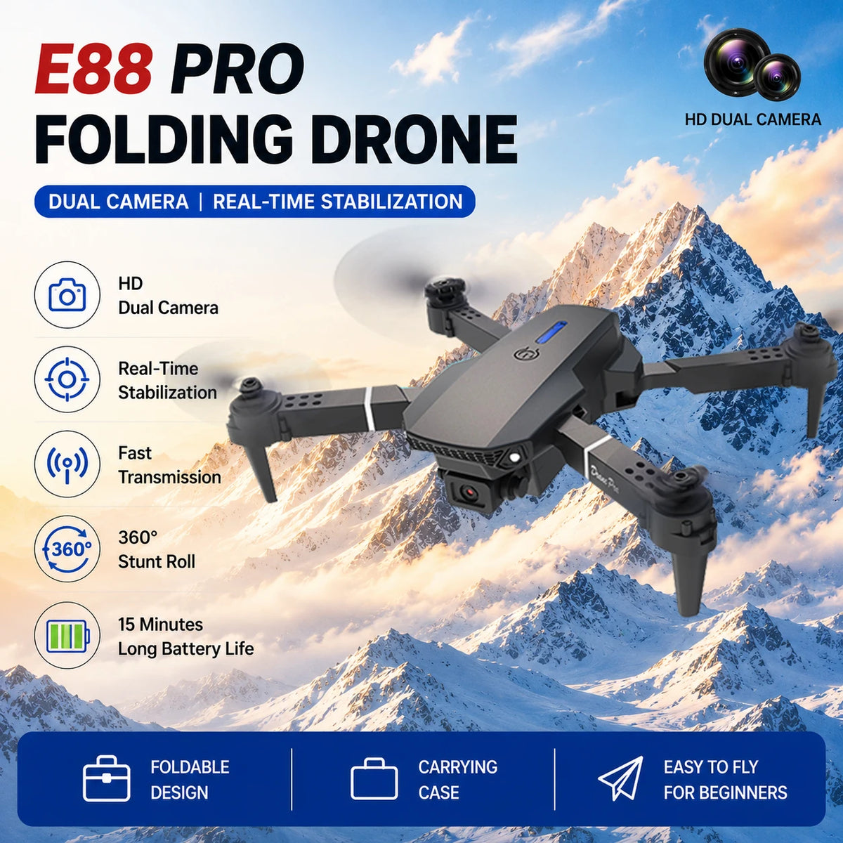ZNLYRION E88 PRO Foldable RC Drone 8K Dual Camera WiFi FPV Quadcopter with Optical Flow Hovering 360° Flip One Key Takeoff Altitude Hold Remote Control Drone with Carrying Case for Beginners